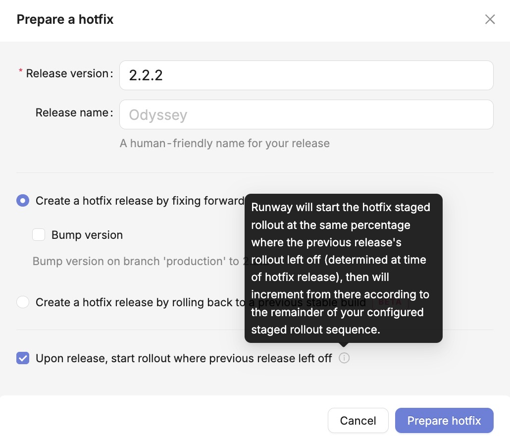 Start hotfix at previous rollout percentage