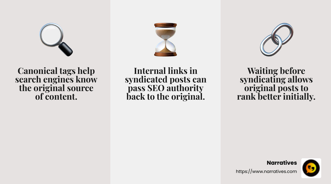 Canonical tags are crucial for SEO in syndication - blog post syndication infographic 3_facts_emoji_grey