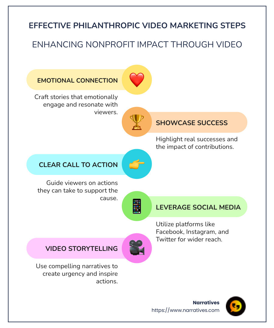 Steps for Effective Philanthropic Video Marketing: List of Techniques and Platforms - philanthropic video strategies infographic infographic-line-5-steps-colors