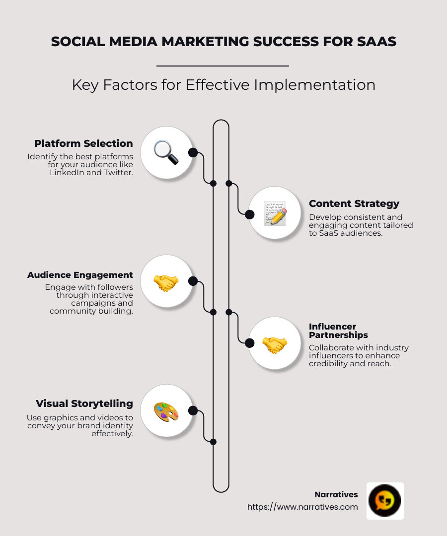 Infographic detailing social media marketing success factors for SaaS, including platform selection, content strategy, audience engagement, influencer partnerships, and visual storytelling. - social media marketing for saas infographic infographic-line-5-steps-neat_beige