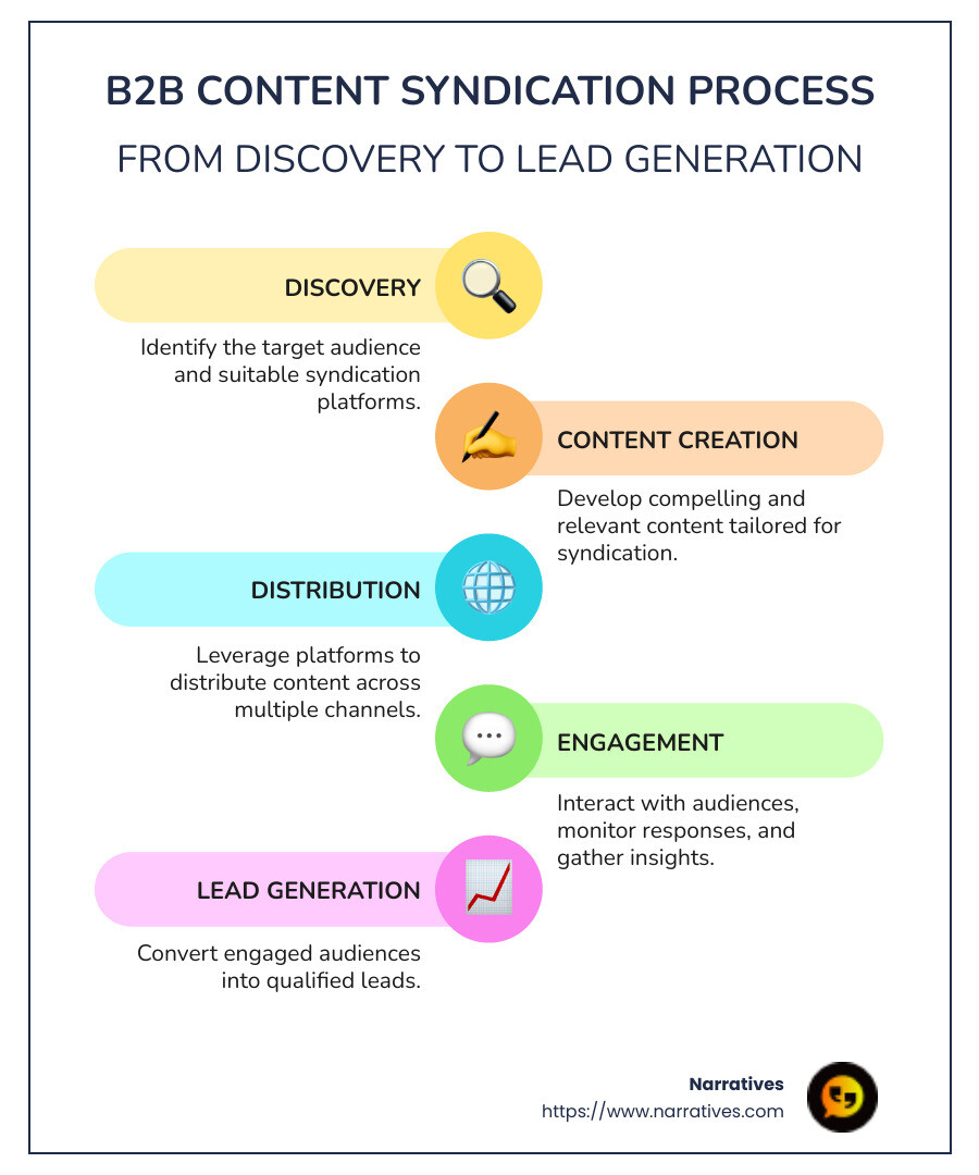 Infographic showing the process of B2B content syndication: findy, distribution, engagement, and lead generation - b2b content syndication services infographic infographic-line-5-steps-colors