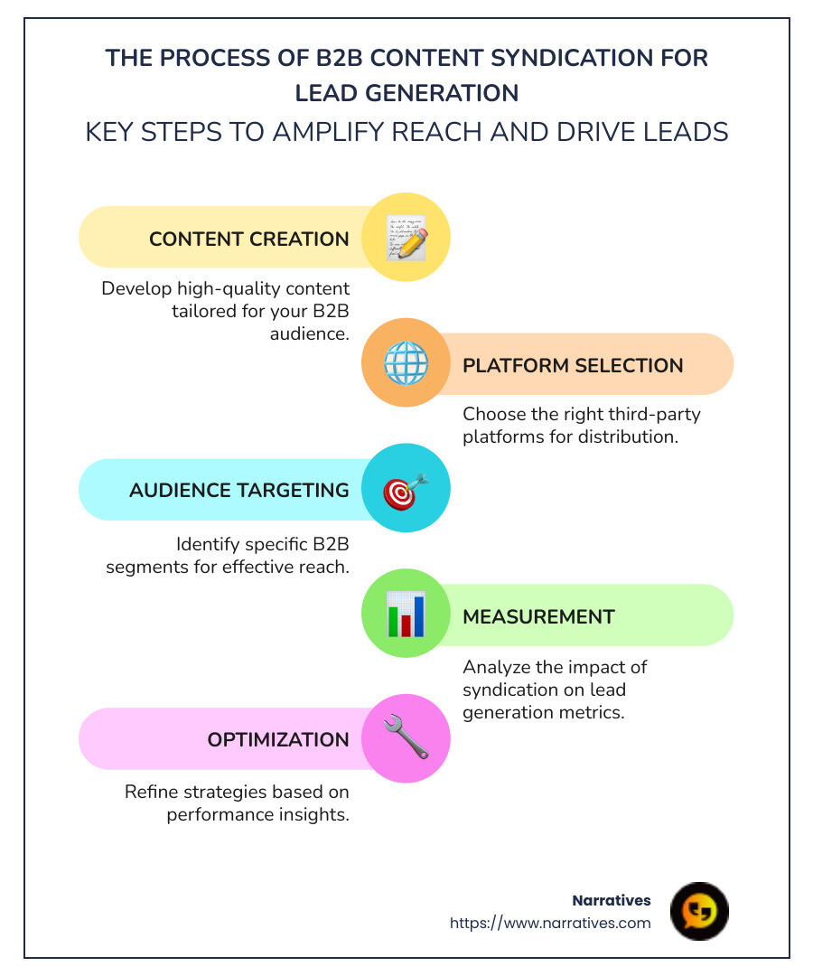 Infographic detailing the process of content syndication for lead generation, including hallmark steps such as content creation, platform selection, audience targeting, and measuring impact through lead generation metrics. - content syndication for b2b infographic infographic-line-5-steps-colors Infographic detailing the process of content syndication for lead generation, including hallmark steps such as content creation, platform selection, audience targeting, and measuring impact through lead generation metrics. - content syndication for b2b infographic infographic-line-5-steps-colors