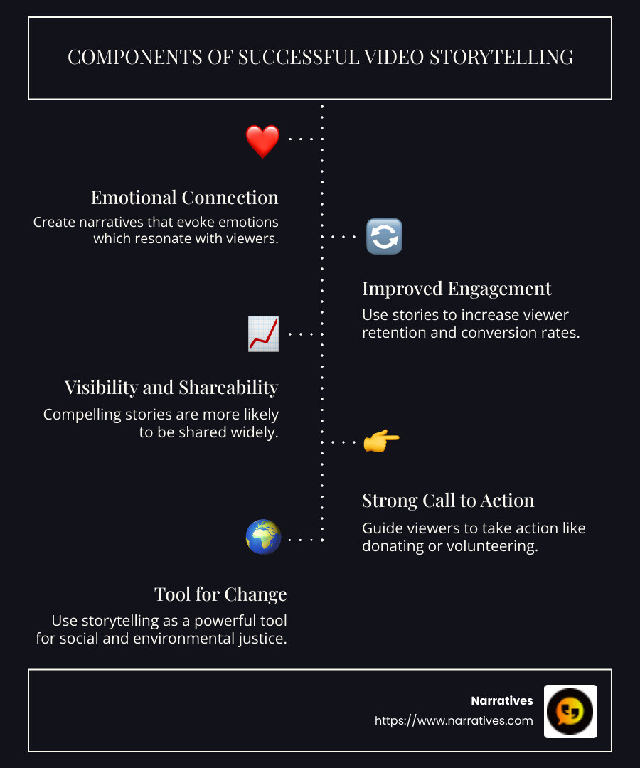 Infographic showing components of successful video storytelling: emotional connection, engagement, visibility, action - video storytelling strategies infographic infographic-line-5-steps-dark Infographic showing components of successful video storytelling: emotional connection, engagement, visibility, action - video storytelling strategies infographic infographic-line-5-steps-dark