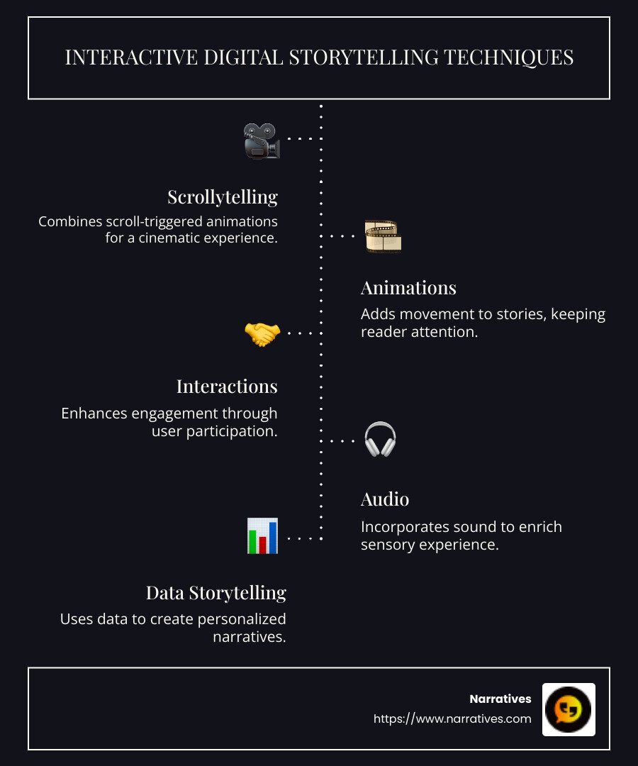 Infographic detailing interactive digital storytelling techniques like scrollytelling and animation, with examples of platforms and their unique features - interactive digital storytelling examples infographic infographic-line-5-steps-dark