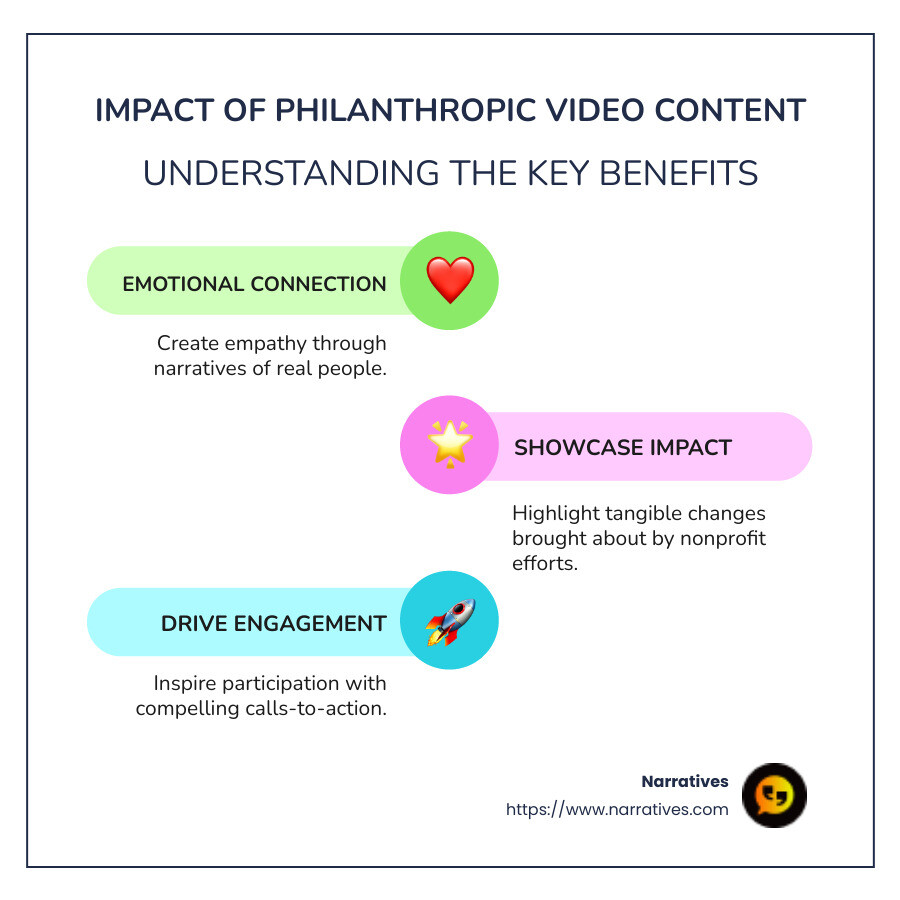 Detailed infographic showing various types of philanthropic video content and their impact on viewer engagement and donation rates - philanthropic video content infographic infographic-line-3-steps-colors Detailed infographic showing various types of philanthropic video content and their impact on viewer engagement and donation rates - philanthropic video content infographic infographic-line-3-steps-colors