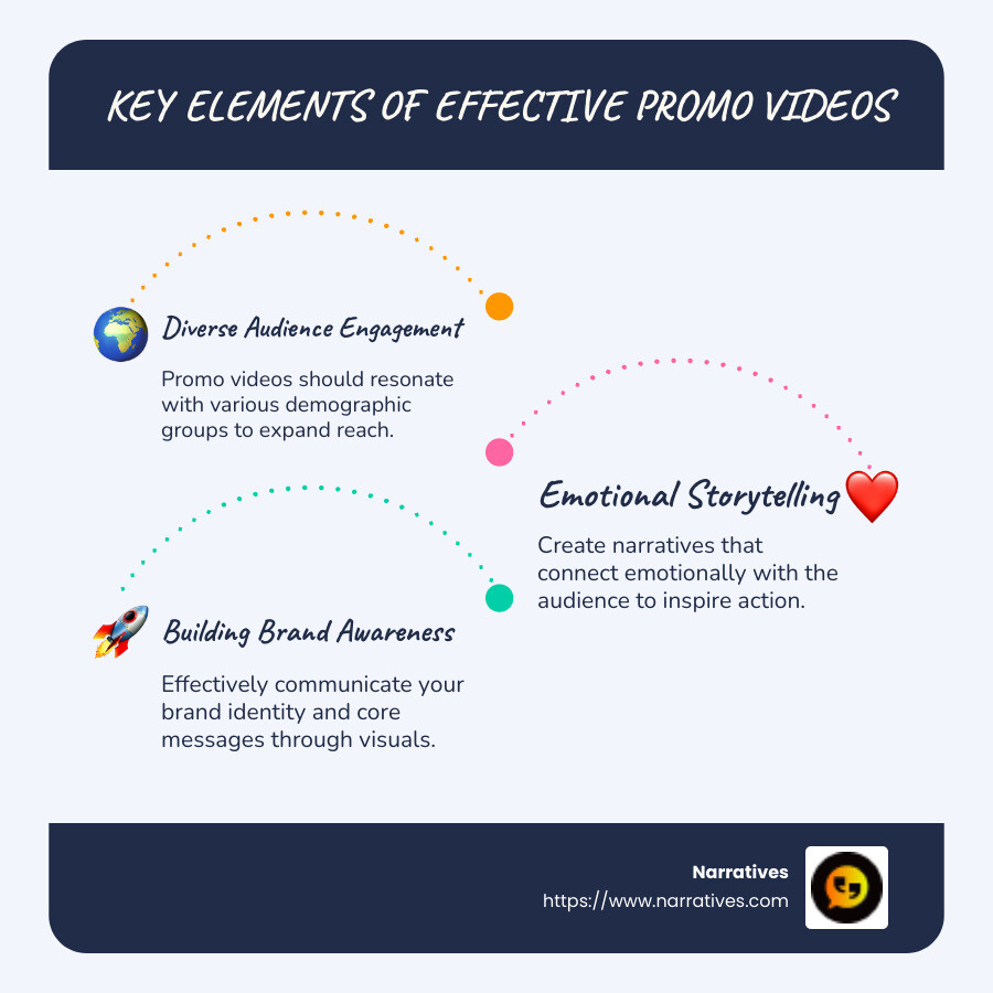 Key elements of effective promo videos, including diverse audience engagement, emotional storytelling, and building brand awareness and brand identity - make your own promotional video infographic infographic-line-3-steps-blues-accent_colors