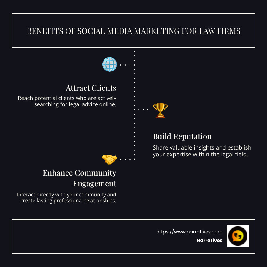 Benefits of social media marketing for law firms: Attract Clients, Build Reputation, Improve Community Engagement - social media marketing for lawyers infographic infographic-line-3-steps-dark