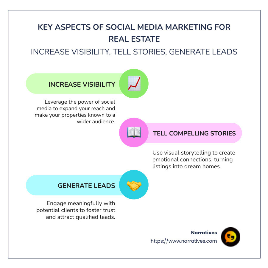 visual infographic emphasizing key aspects of social media marketing for real estate: increased visibility, storytelling potential, and lead generation effectiveness - social media marketing for real estate companies infographic infographic-line-3-steps-colors