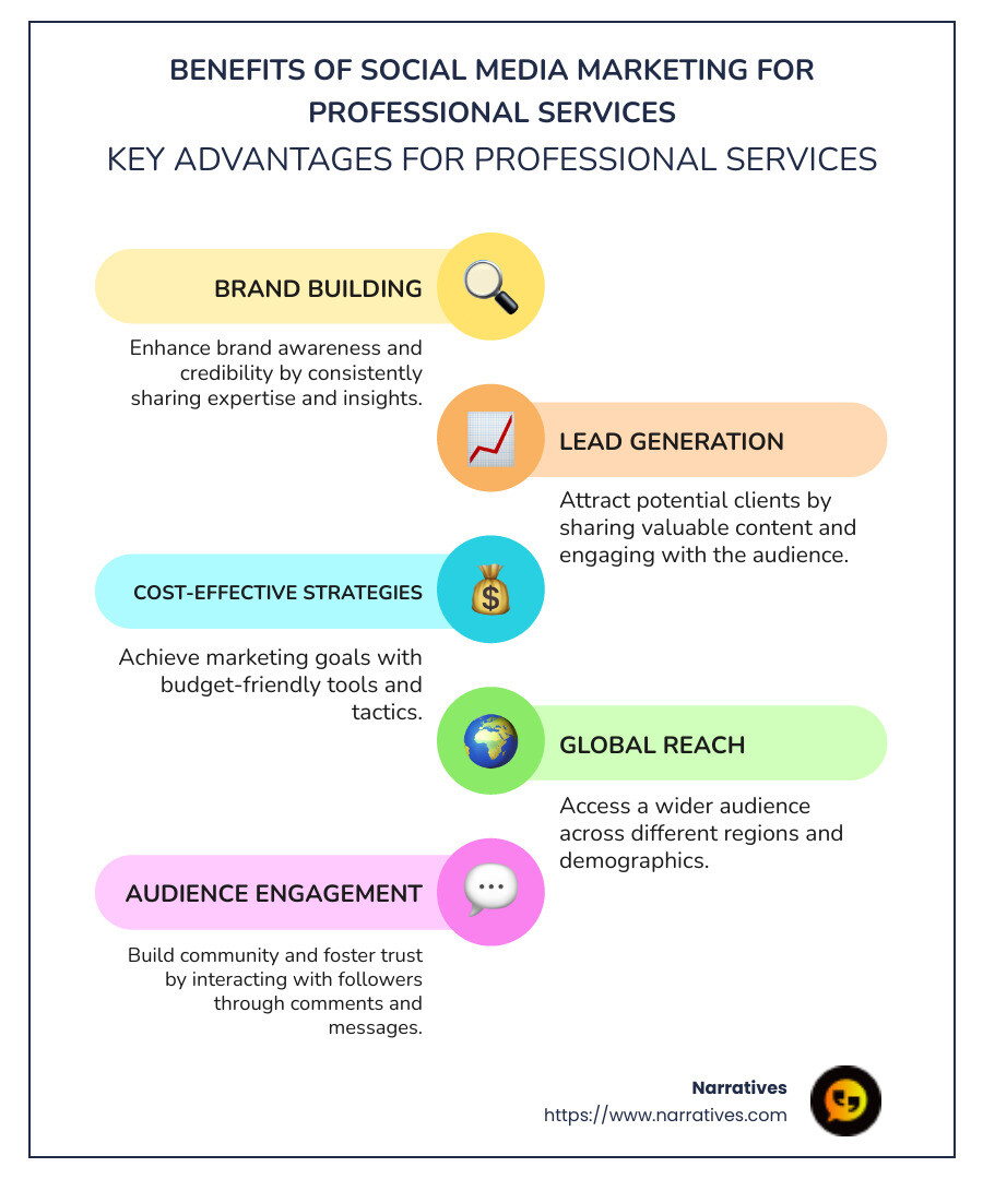 A detailed infographic showing the benefits of social media marketing for professional services, including brand building, lead generation, cost-effective strategies, and audience engagement - social media marketing for professional services infographic infographic-line-5-steps-colors