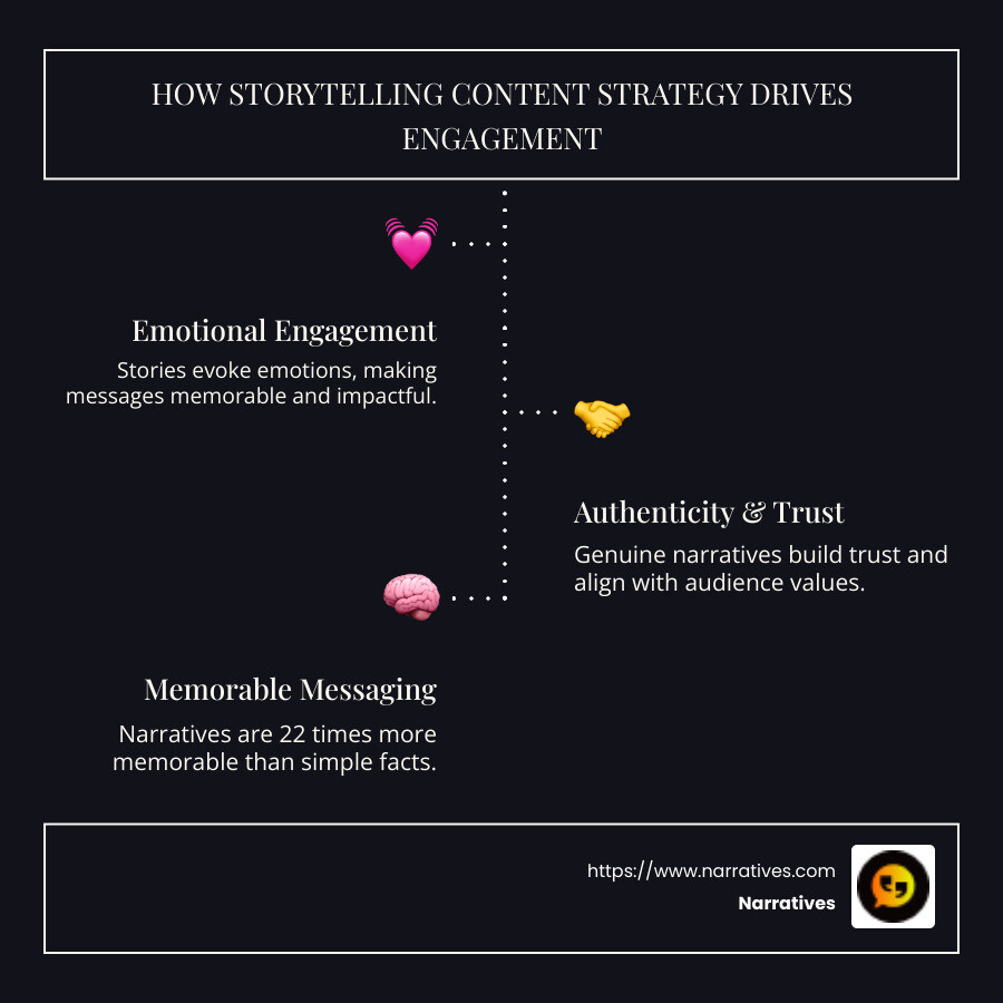 Infographic detailing how storytelling content strategy drives emotional engagement and builds trust by illustrating key elements such as authenticity, emotional resonance, and memorable storytelling - Storytelling content strategy infographic infographic-line-3-steps-dark Infographic detailing how storytelling content strategy drives emotional engagement and builds trust by illustrating key elements such as authenticity, emotional resonance, and memorable storytelling - Storytelling content strategy infographic infographic-line-3-steps-dark