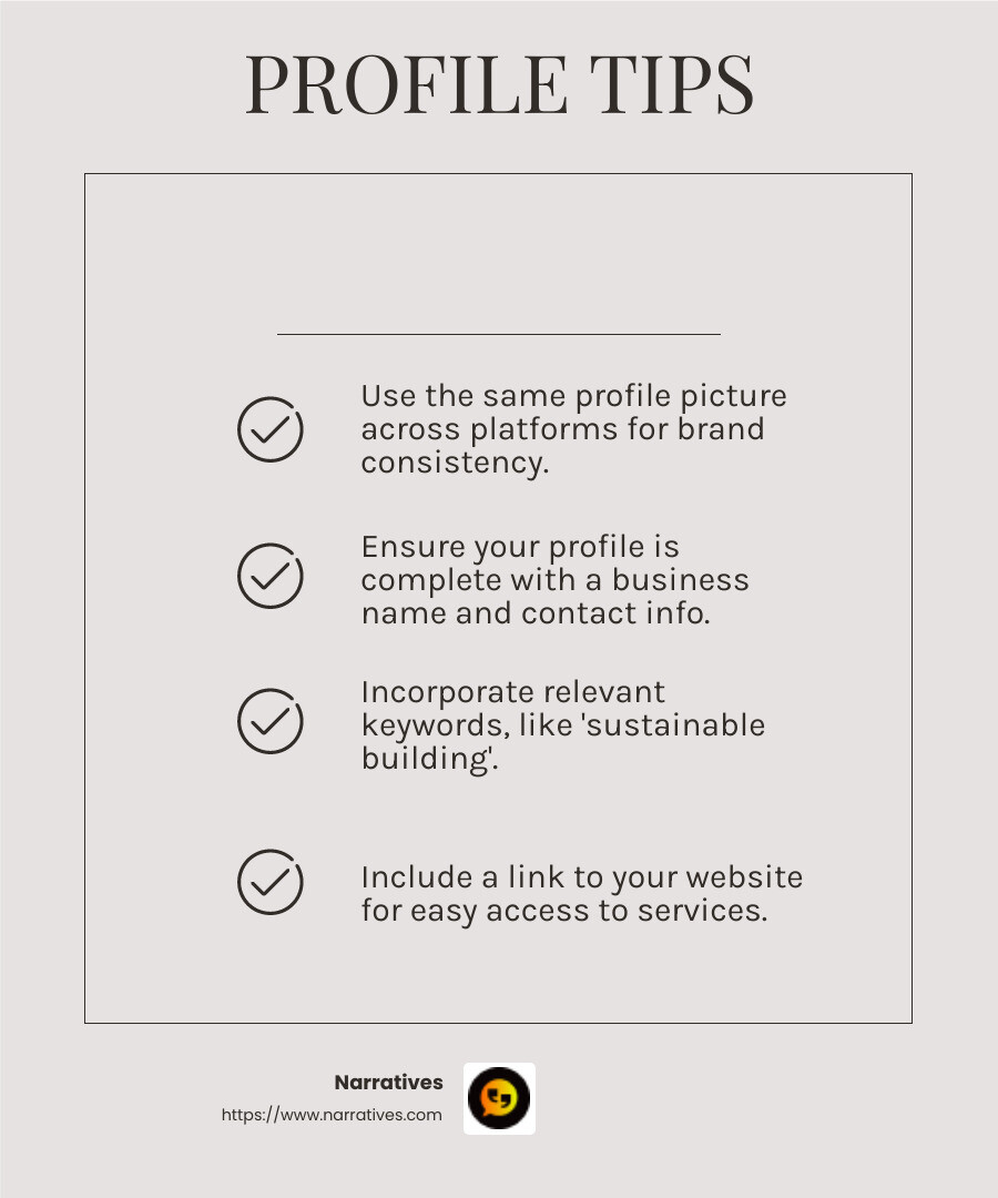 Consistency in social media profiles builds trust and recognition. - social media marketing contractor infographic checklist-light-beige