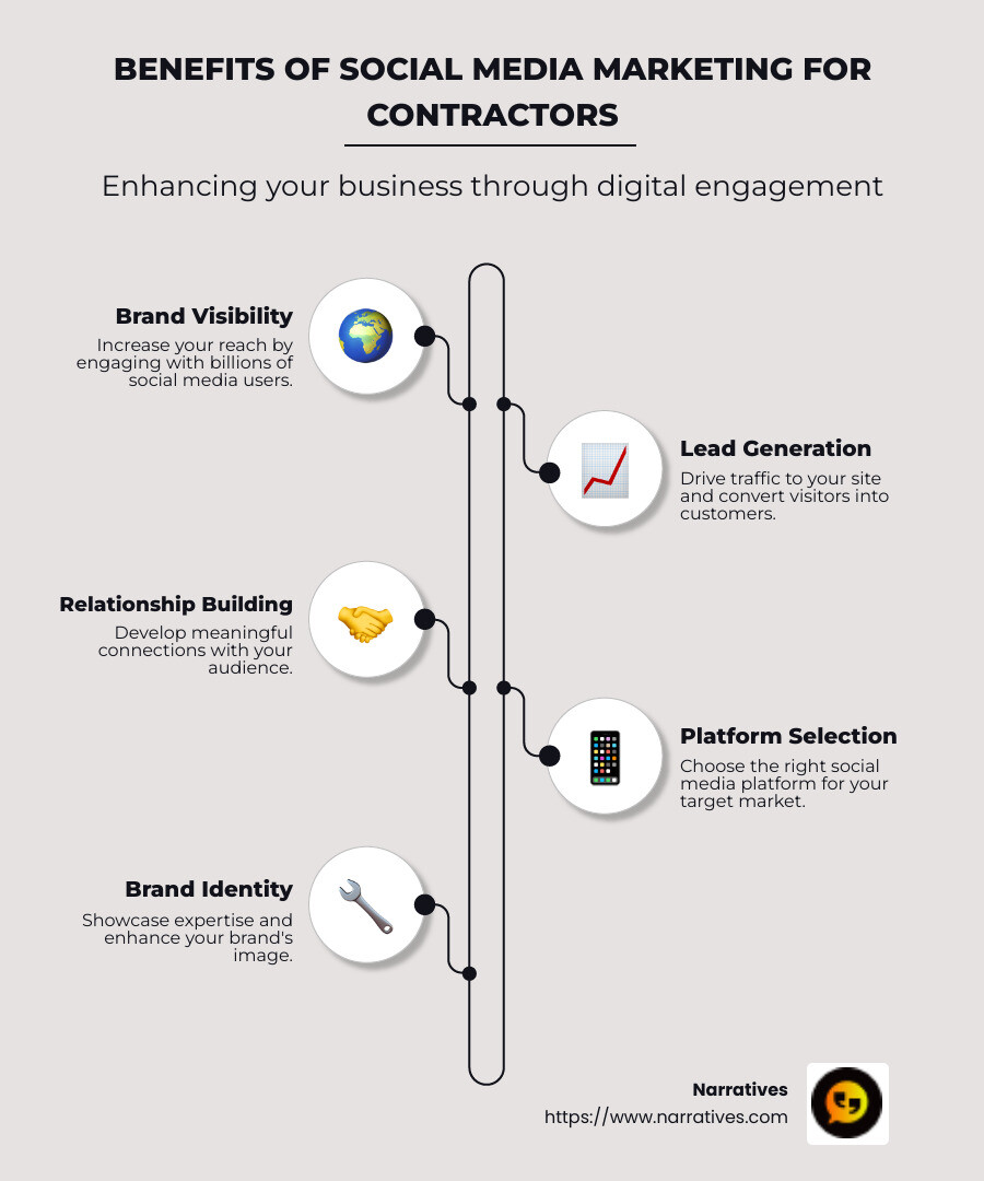 Infographic showing the benefits of social media marketing for contractors, including increased brand visibility, relationship building, and lead generation - social media marketing contractor infographic infographic-line-5-steps-neat_beige