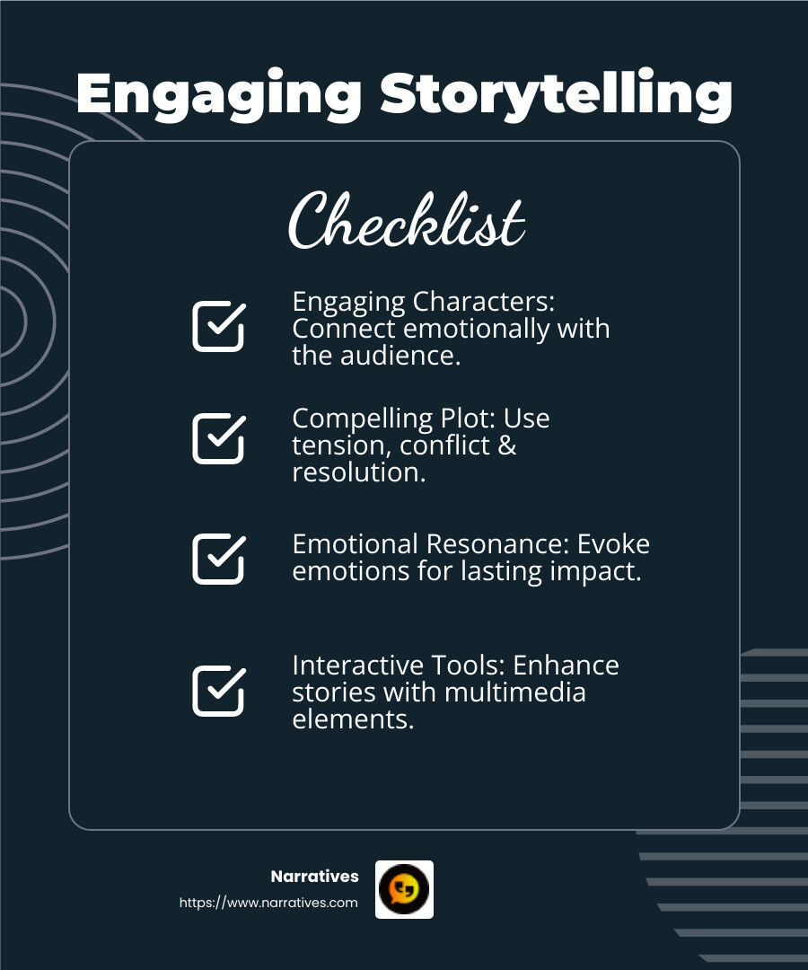 The power of digital storytelling lies in its ability to blend narrative and multimedia to engage audiences. - best digital storytelling infographic checklist-dark-blue