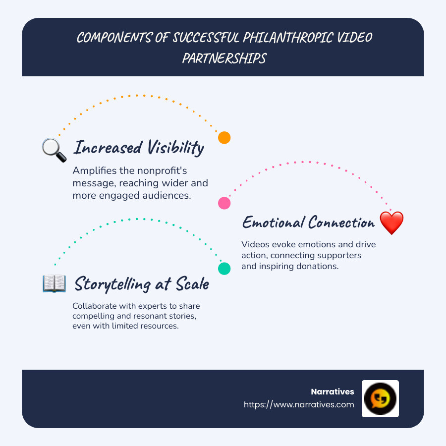 Infographic showcasing the components of successful philanthropic video partnerships: visibility, emotional connection, storytelling scale - philanthropic video partnerships infographic infographic-line-3-steps-blues-accent_colors Infographic showcasing the components of successful philanthropic video partnerships: visibility, emotional connection, storytelling scale - philanthropic video partnerships infographic infographic-line-3-steps-blues-accent_colors
