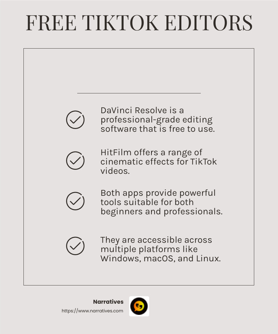 DaVinci Resolve offers professional-grade editing tools for free. - best app for creating tiktok videos infographic checklist-light-beige