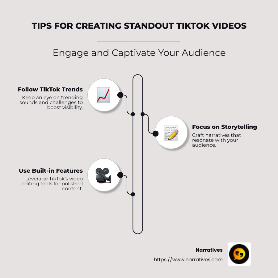 Infographic outlining tips for making TikTok videos including using trends, storytelling, and video tools - make tiktok videos infographic infographic-line-3-steps-neat_beige