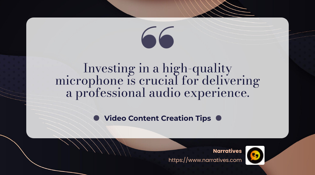 “Investing in a high-quality microphone is crucial for delivering a professional audio experience.” - video content creation tips infographic simple-quote-landscape-dark