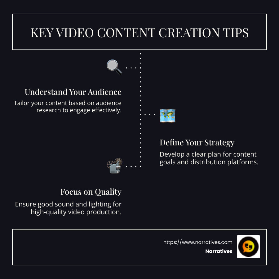 Essential tips for engaging video content creation - video content creation tips infographic infographic-line-3-steps-dark
