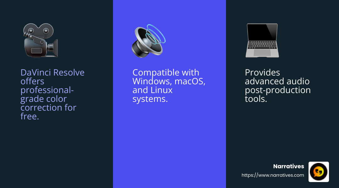 DaVinci Resolve: A top choice for free video editing software, offering professional-grade tools without the cost. - video content creation tools infographic 3_facts_emoji_blue