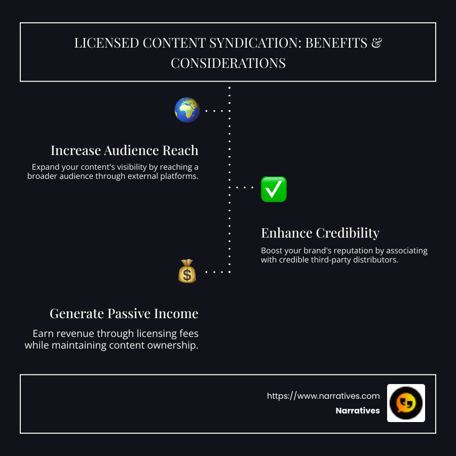 Infographic detailing benefits and considerations of licensed content syndication - licensed content syndication infographic infographic-line-3-steps-dark