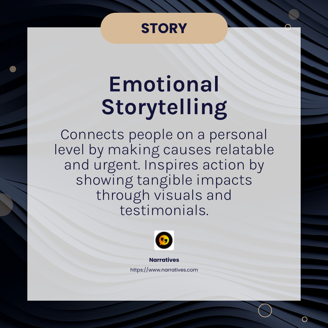 Emotional storytelling connects people to causes - Successful non-profit campaigns infographic simple-info-card-dark