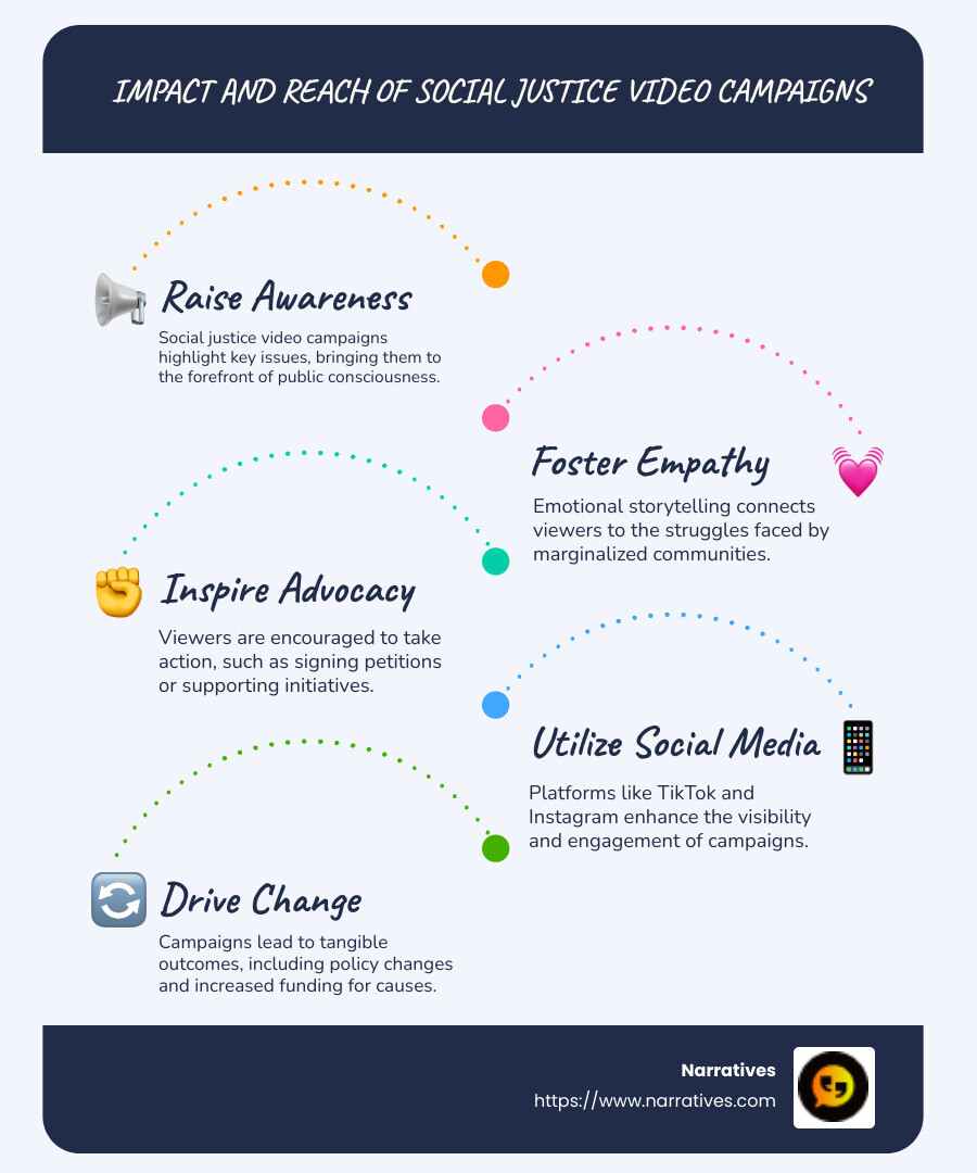 Infographic showing the impact and reach of social justice video campaigns, including key platforms, emotional engagement strategies, and examples of successful campaigns. - social justice video campaigns infographic infographic-line-5-steps-blues-accent_colors