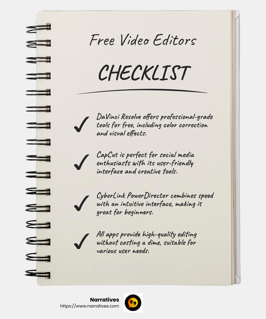 CyberLink PowerDirector offers a range of professional-grade features in a beginner-friendly package. - video editing app infographic checklist-notebook