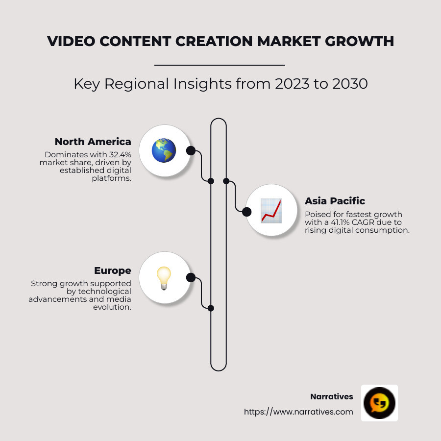 Detailed infographic showing growth trends in regional video content creation markets and their projected CAGRs from 2023 to 2030, highlighting North America's dominance and Asia Pacific’s rapid growth. - video content creation market size infographic infographic-line-3-steps-neat_beige Detailed infographic showing growth trends in regional video content creation markets and their projected CAGRs from 2023 to 2030, highlighting North America's dominance and Asia Pacific’s rapid growth. - video content creation market size infographic infographic-line-3-steps-neat_beige