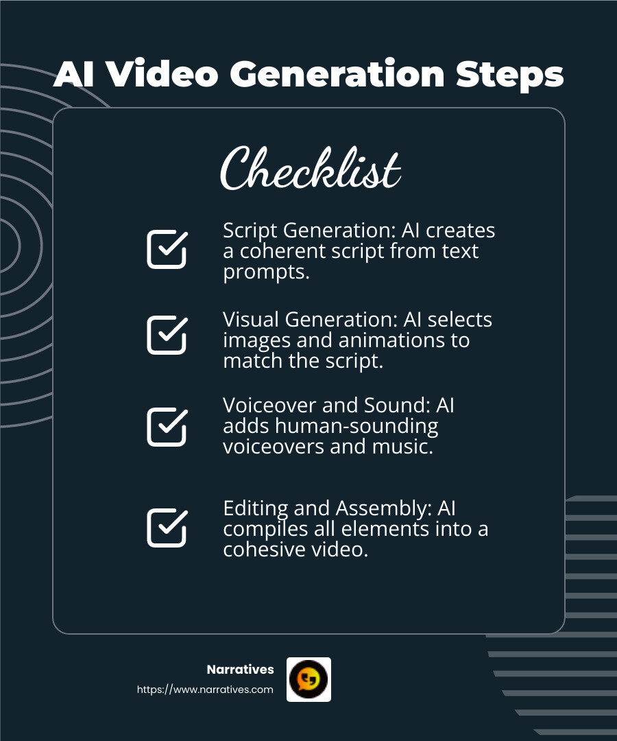 AI-generated videos combine script, visuals, and sound to create engaging content. - video creation ai infographic checklist-dark-blue AI-generated videos combine script, visuals, and sound to create engaging content. - video creation ai infographic checklist-dark-blue