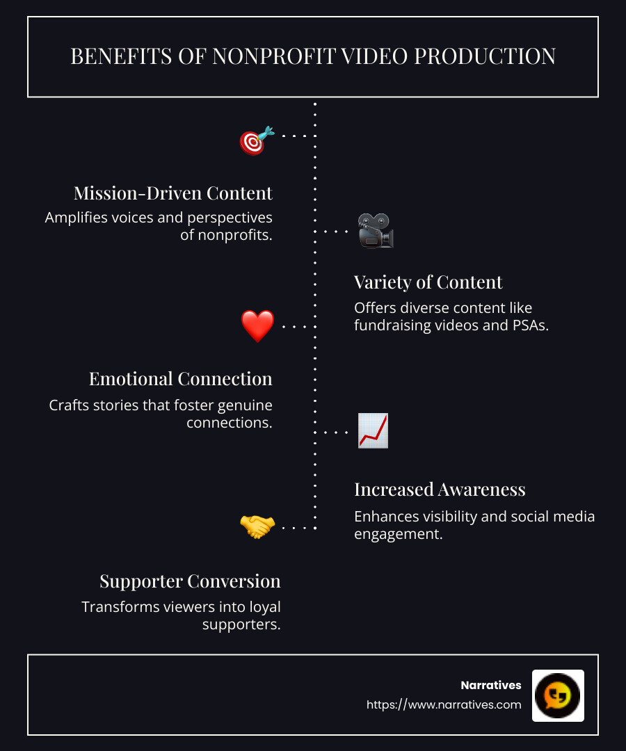 Infographic of nonprofit video production benefits and costs - Nonprofit video production company infographic infographic-line-5-steps-dark