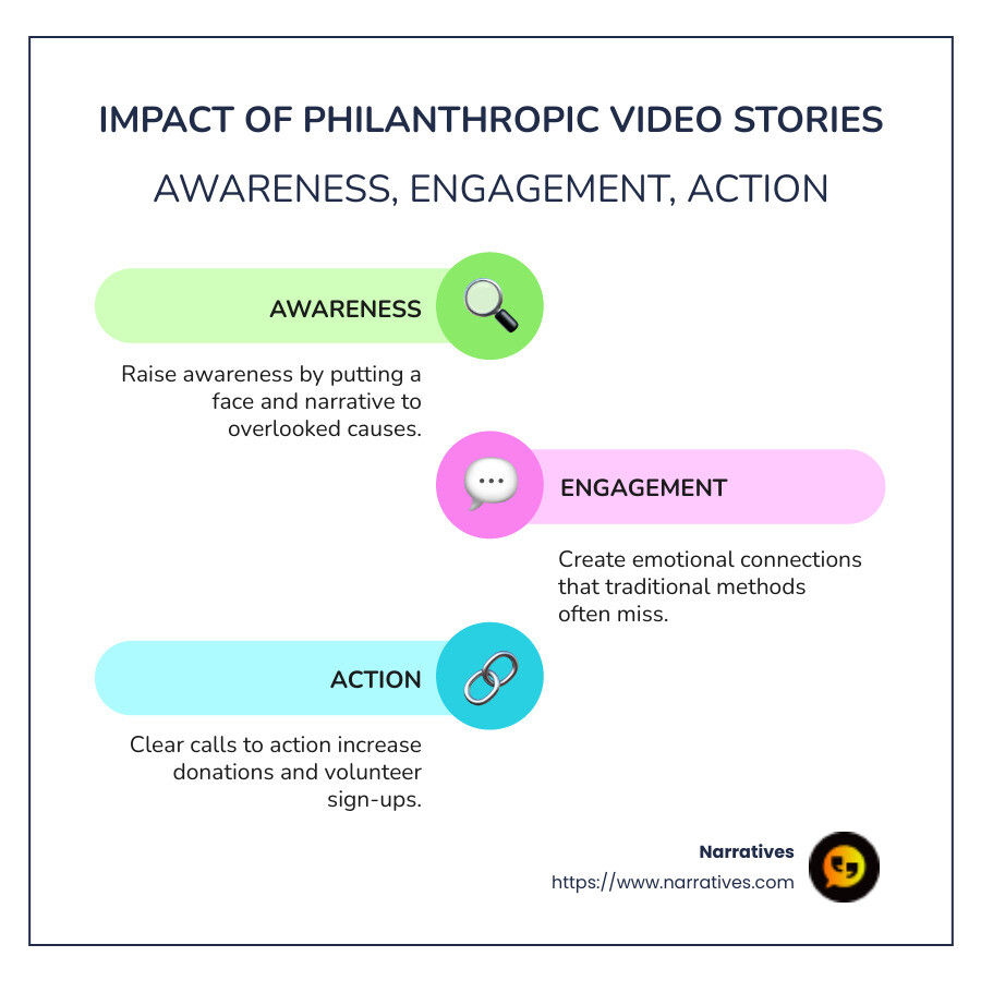 Impact of Philanthropic Video Stories: Awareness, Engagement, Action - philanthropic video stories infographic infographic-line-3-steps-colors