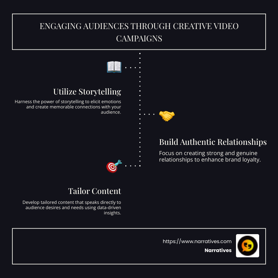 Infographic showing types of creative video campaigns and their impact on audience engagement - Creative video campaigns infographic infographic-line-3-steps-dark
