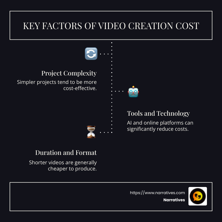 Infographic detailing video cost factors such as complexity, tools, duration, and quality standards, highlighting cost-effective alternatives like AI and online platforms - video creation cost infographic infographic-line-3-steps-dark Infographic detailing video cost factors such as complexity, tools, duration, and quality standards, highlighting cost-effective alternatives like AI and online platforms - video creation cost infographic infographic-line-3-steps-dark