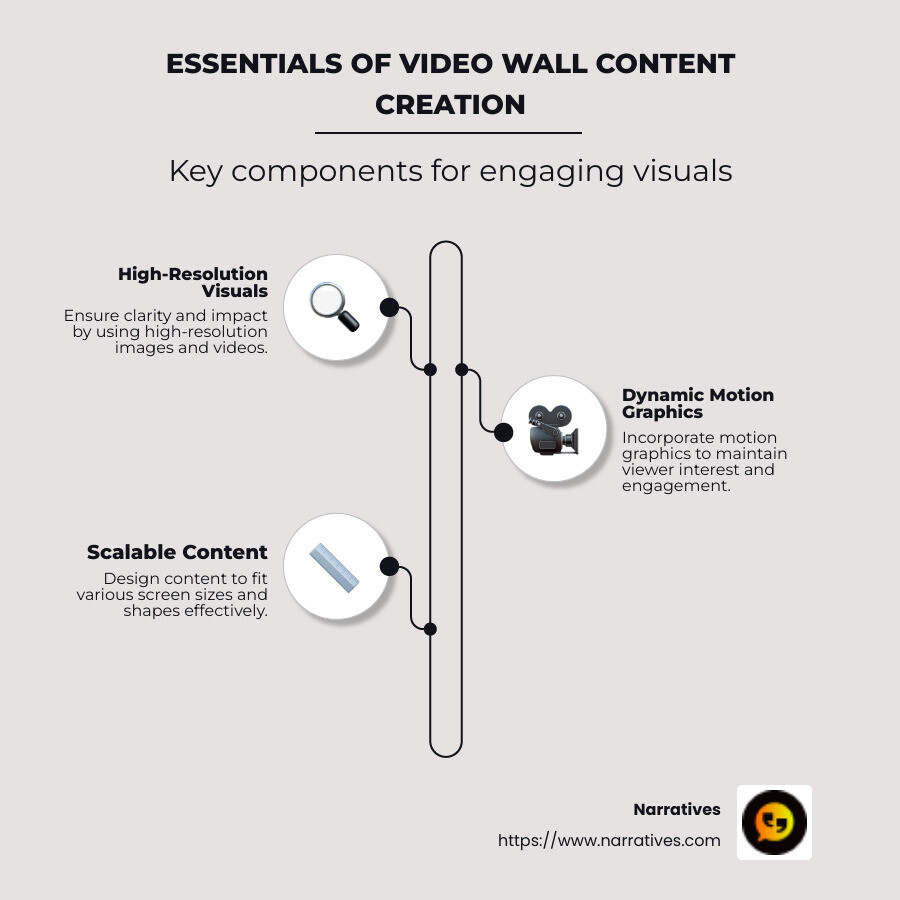 Infographic showing the essentials of video wall content creation, including high-resolution visuals, dynamic motion graphics, and scalability to fit various screen sizes and shapes. - video wall content creation infographic infographic-line-3-steps-neat_beige Infographic showing the essentials of video wall content creation, including high-resolution visuals, dynamic motion graphics, and scalability to fit various screen sizes and shapes. - video wall content creation infographic infographic-line-3-steps-neat_beige