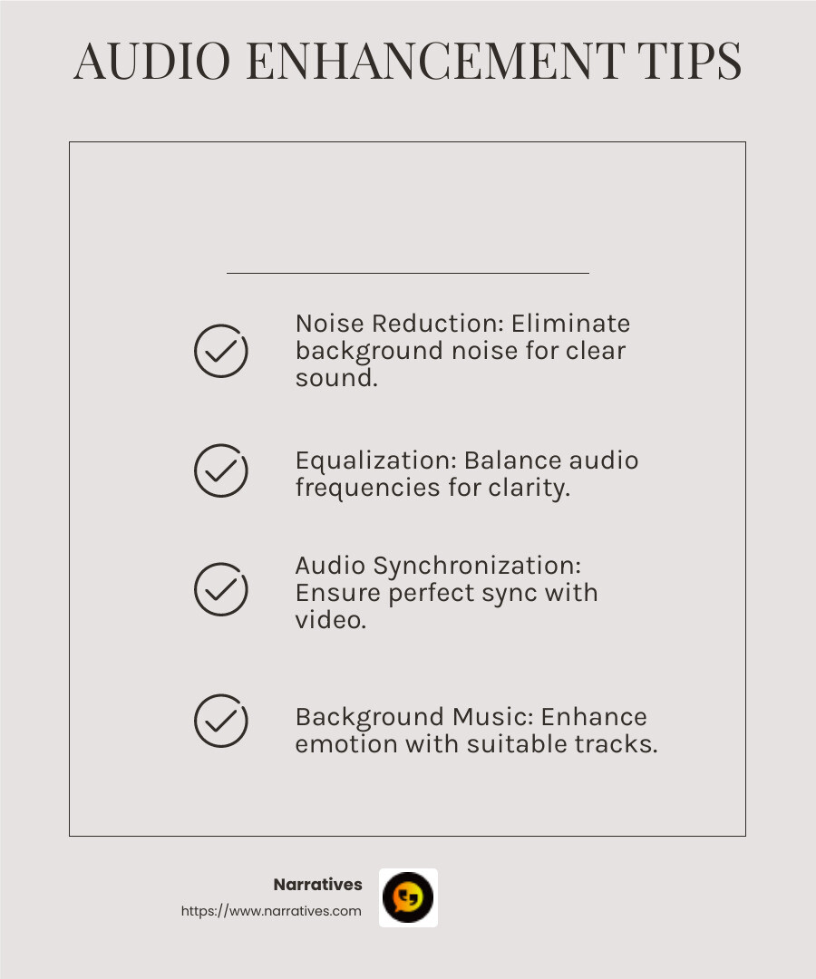 Improving audio quality can significantly improve viewer engagement and retention. - Video content creation tips infographic checklist-light-beige