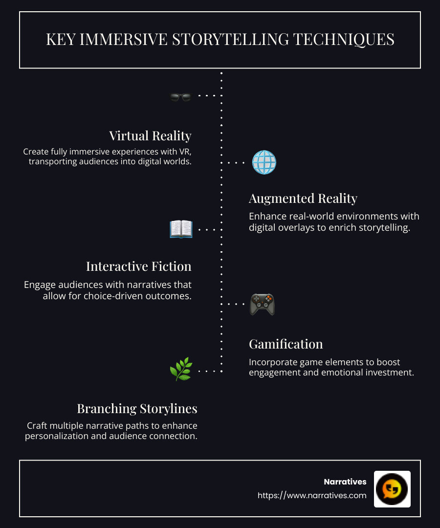 A detailed infographic about the components and benefits of immersive storytelling techniques, including virtual reality, interactive fiction, and augmented reality, and how they improve audience engagement, emotional connection, and contextual learning - immersive storytelling techniques infographic infographic-line-5-steps-dark
