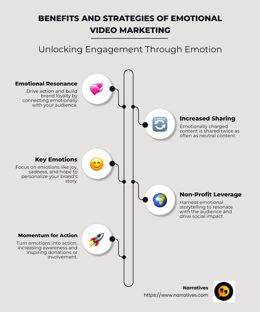Infographic showing benefits and strategies of emotional video marketing, including increased sharing, brand loyalty, and key emotions to evoke like joy and hope, complete with statistics from studies on emotional content performance - Emotional video marketing infographic infographic-line-5-steps-neat_beige
