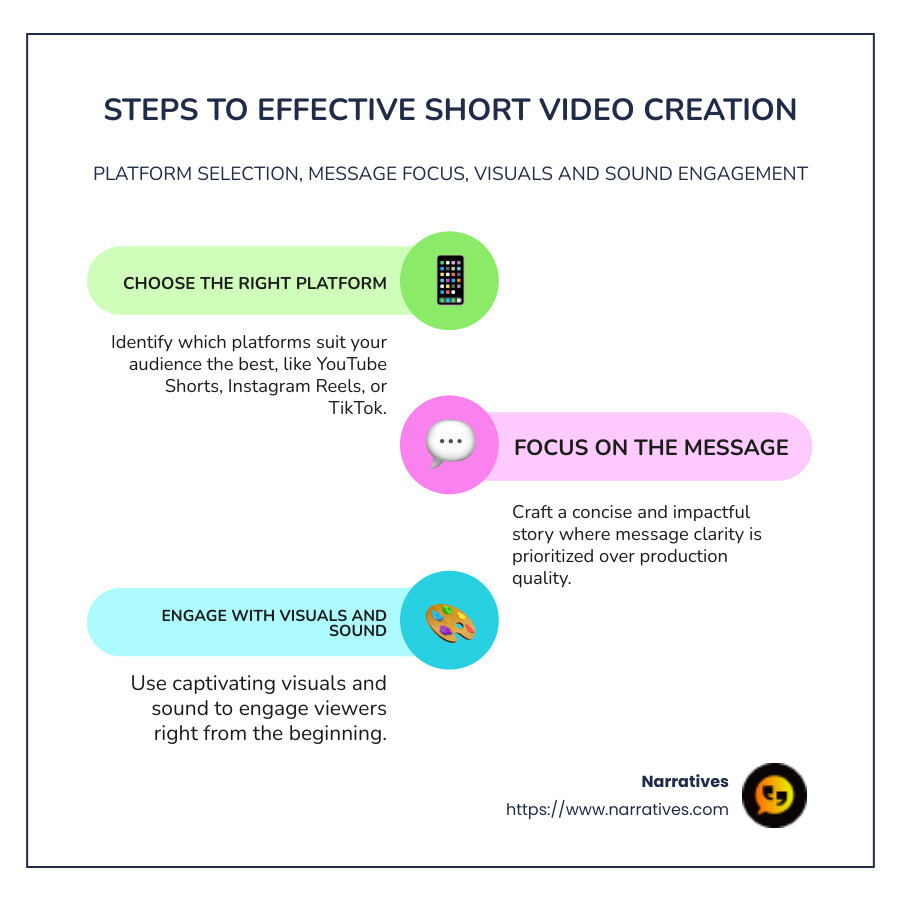 Steps to Effective Short Video Creation: Platform Selection, Message Focus, Visuals and Sound Engagement - short video creation infographic infographic-line-3-steps-colors