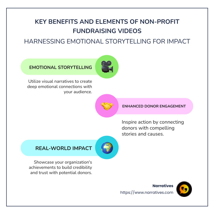 Infographic of key benefits and elements of non-profit fundraising videos, featuring sections on emotional storytelling, donor engagement strategies, and real-world impact stats - Non-profit fundraising videos infographic infographic-line-3-steps-colors Infographic of key benefits and elements of non-profit fundraising videos, featuring sections on emotional storytelling, donor engagement strategies, and real-world impact stats - Non-profit fundraising videos infographic infographic-line-3-steps-colors