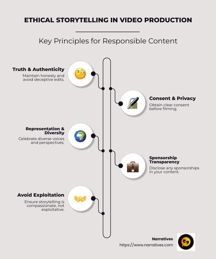 infographic of ethical video storytelling principles: Truth & Authenticity, Consent & Privacy, Representation & Diversity, Sponsorship Transparency, Copyright Compliance, Avoid Exploitation - video production ethics case studies infographic infographic-line-5-steps-neat_beige infographic of ethical video storytelling principles: Truth & Authenticity, Consent & Privacy, Representation & Diversity, Sponsorship Transparency, Copyright Compliance, Avoid Exploitation - video production ethics case studies infographic infographic-line-5-steps-neat_beige