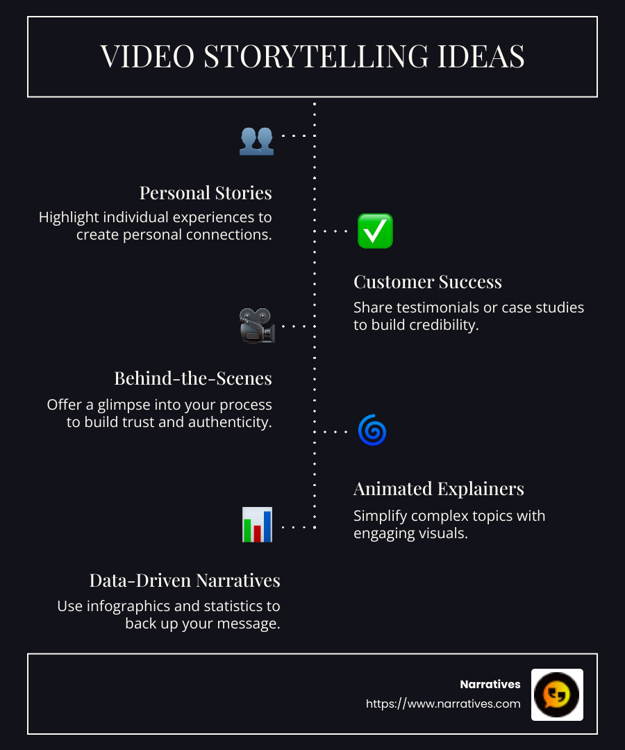 Infographic detailing various video storytelling ideas, including personal stories and data-driven narratives, with visual cues and examples - Video storytelling ideas infographic infographic-line-5-steps-dark