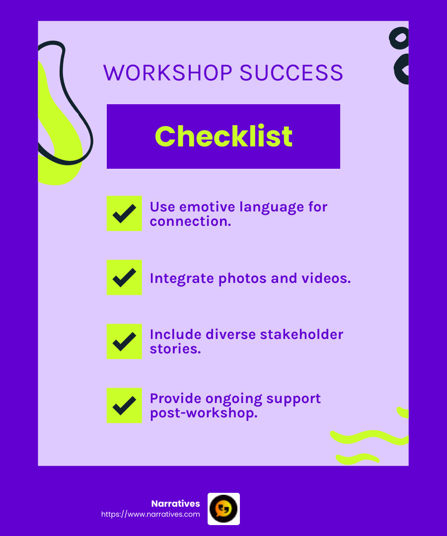 A well-structured workshop with interactive elements can improve learning and engagement. - nonprofit storytelling workshop infographic checklist-fun-neon A well-structured workshop with interactive elements can improve learning and engagement. - nonprofit storytelling workshop infographic checklist-fun-neon