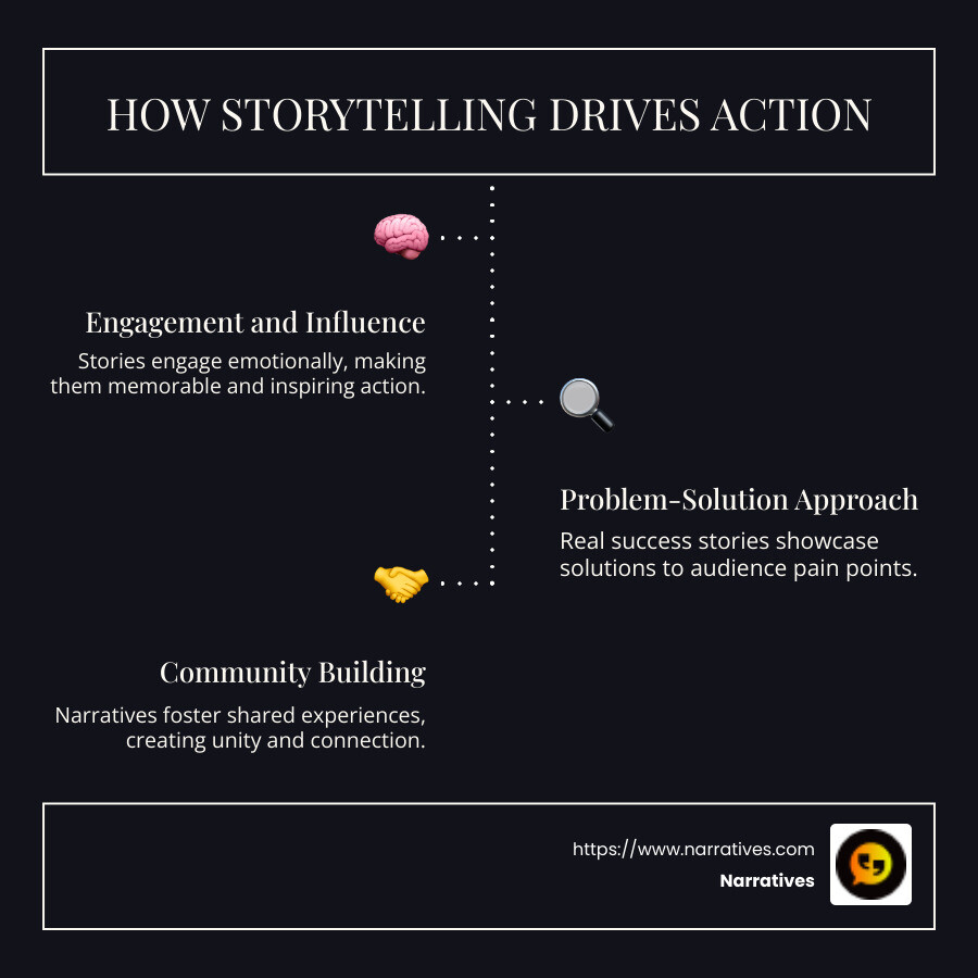 Impact of storytelling on action - Storytelling for action infographic infographic-line-3-steps-dark