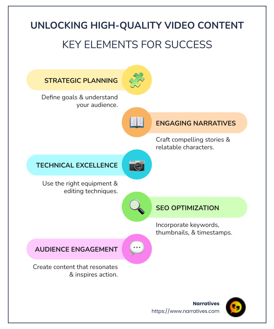 infographic about key elements of high-quality video content - high-quality video content infographic infographic-line-5-steps-colors