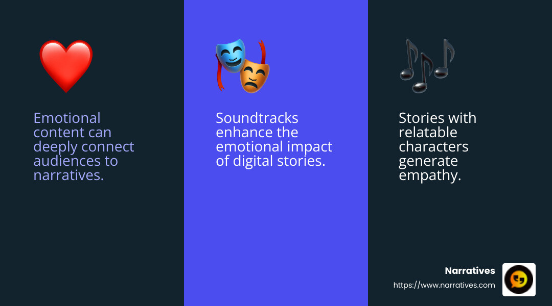 Emotional content is key to engaging audiences and making stories memorable. - Creative digital storytelling infographic 3_facts_emoji_blue