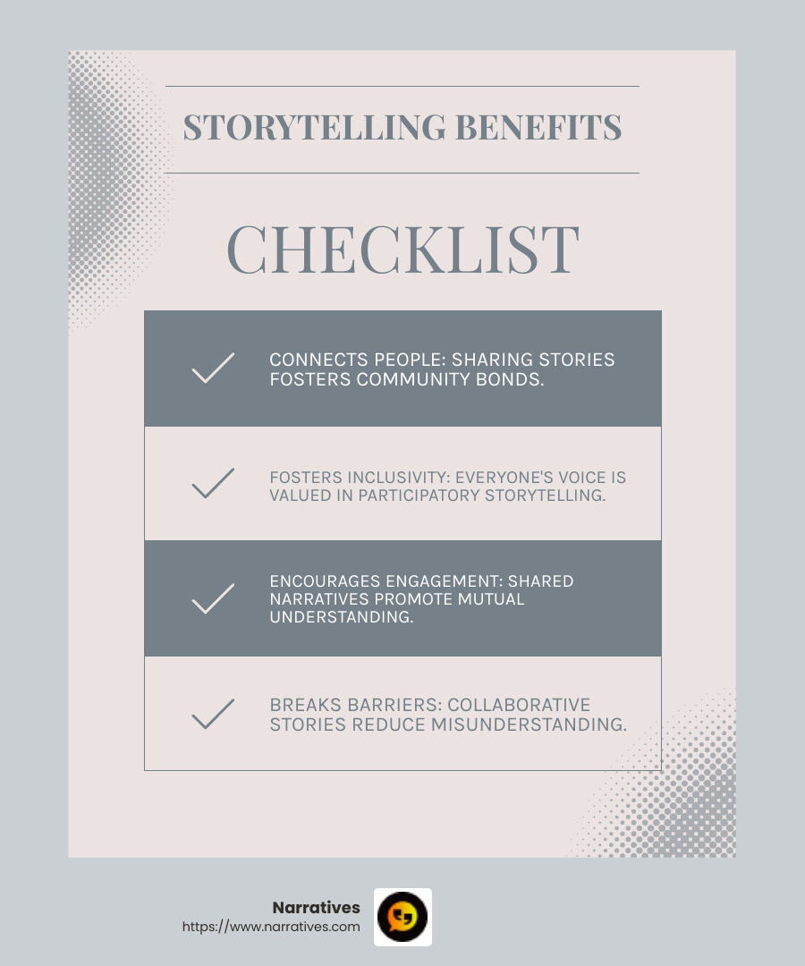 Participatory storytelling fosters inclusive narratives - engaging community through storytelling infographic checklist-light-blue-grey