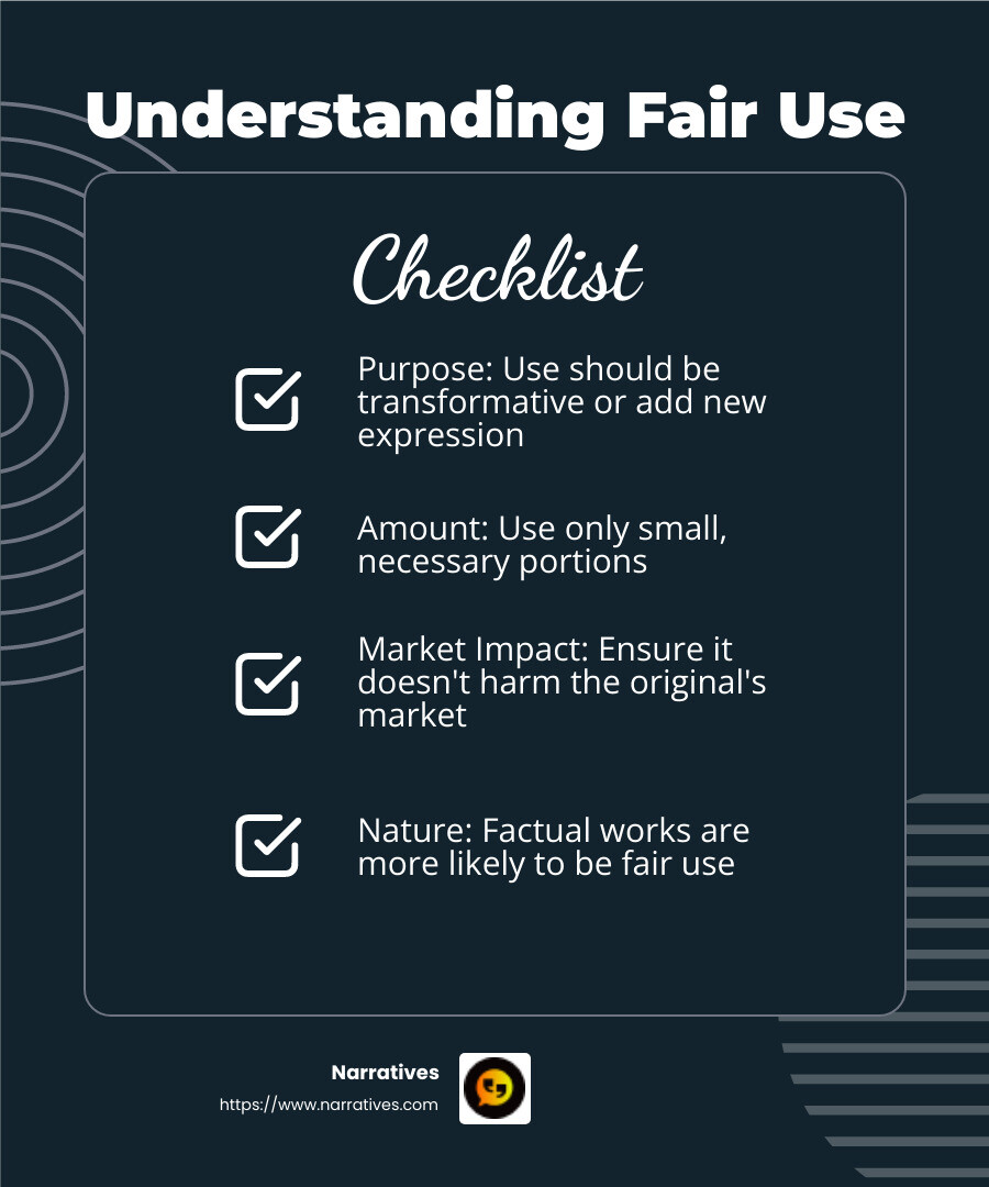 Understanding Fair Use: Consider Purpose, Amount, and Market Impact - Ethical video production infographic checklist-dark-blue