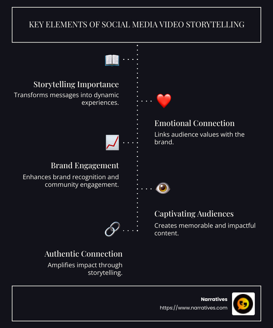 Social media video storytelling impact: brand recognition, audience loyalty, community building, metrics improvement, video content effectiveness, nonprofit storytelling advantages, captivating narrative strategies - Social media video storytelling infographic infographic-line-5-steps-dark