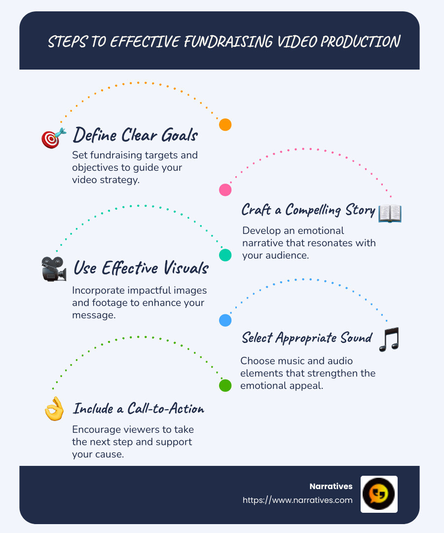 Infographic detailing video production steps for fundraising, including goal setting, storytelling, visuals, and audio selection, with images and arrows connecting each step - Video production for fundraising events infographic infographic-line-5-steps-blues-accent_colors