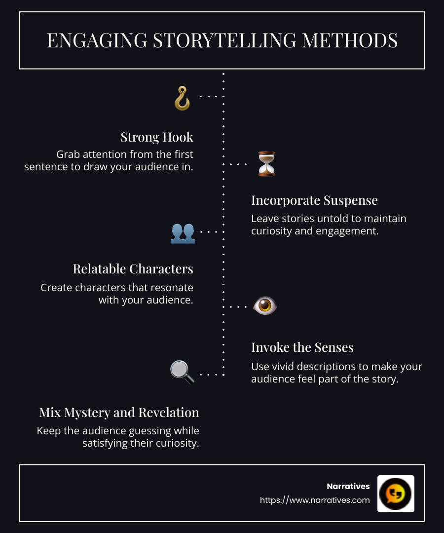 Detailed infographic showcasing storytelling techniques: beginning with a strong hook, building suspense, using sensory language, incorporating relatable characters, and intermixing mystery and revelation. It highlights how these methods create a connected narrative that keeps the audience engaged from start to finish. - Engaging storytelling methods infographic infographic-line-5-steps-dark